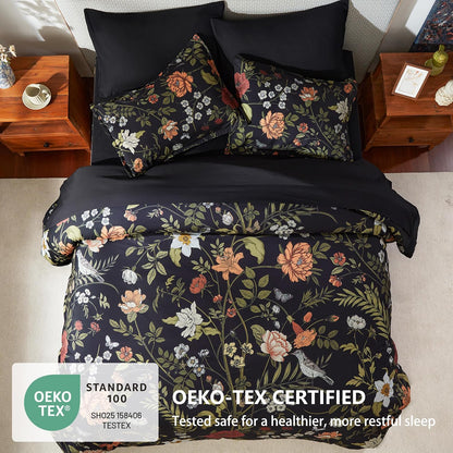 Litanika Floral Black King Comforter Set-7 Piece Botanical Birds Bedding