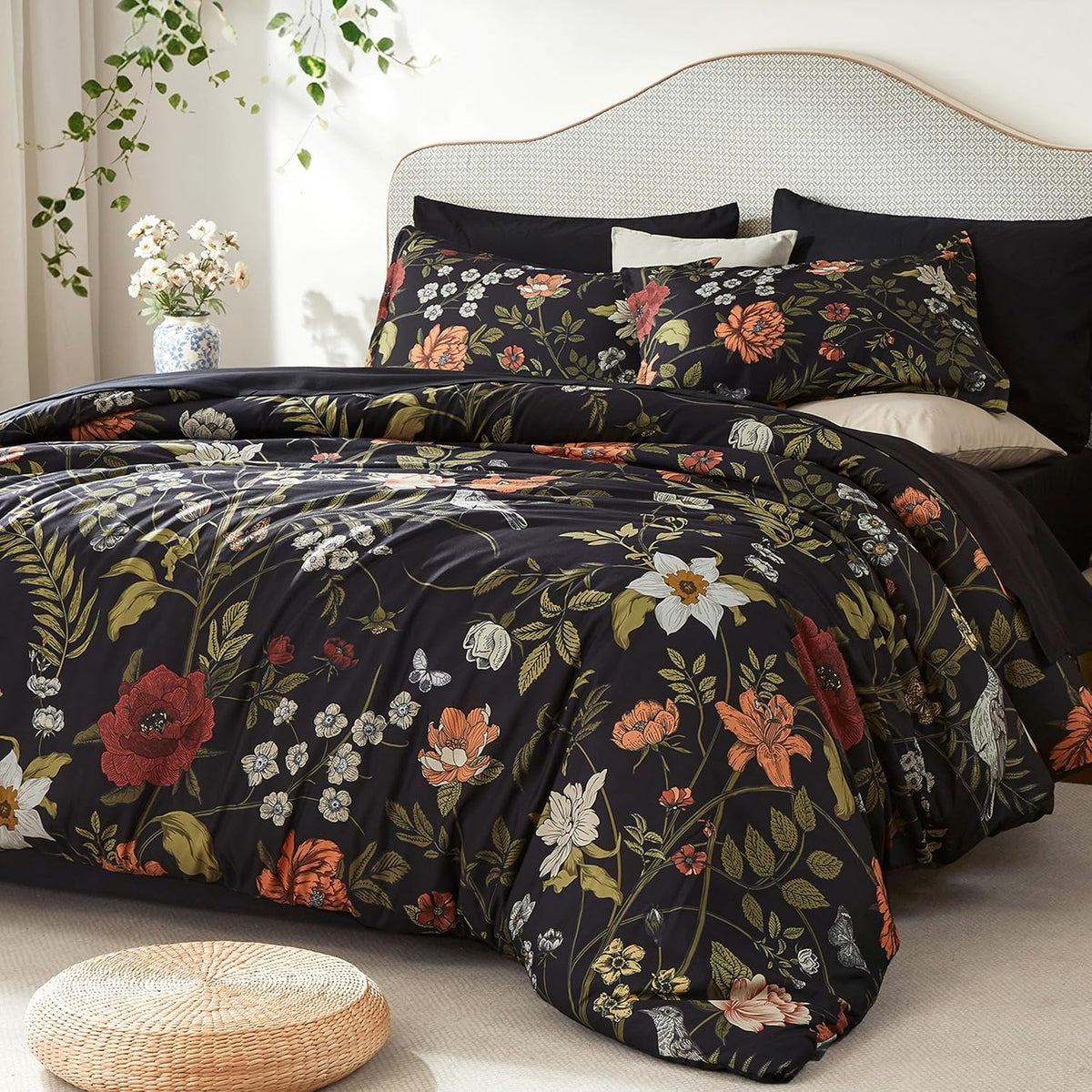 Litanika Floral Black King Comforter Set-7 Piece Botanical Birds Bedding