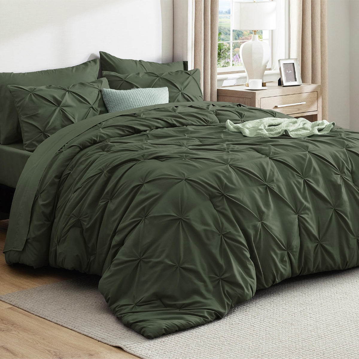 Bedsure 7-Piece King Size Comforter Set & Sheets, Olive Green King Bedding