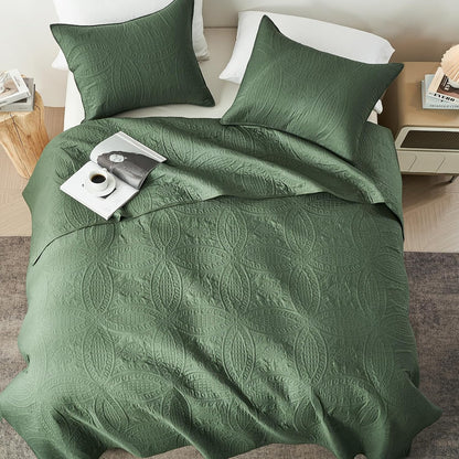 akkialla Queen Quilt Bedding Set,Olive Green Ultrasonic Full/Queen Quilt Set,Lightweight Soft Bedspread Coverlet,Modern Style Coin Pattern Bed Cover for All Seasons,3 Piece(1 Quilt,2 Pillow Shams)