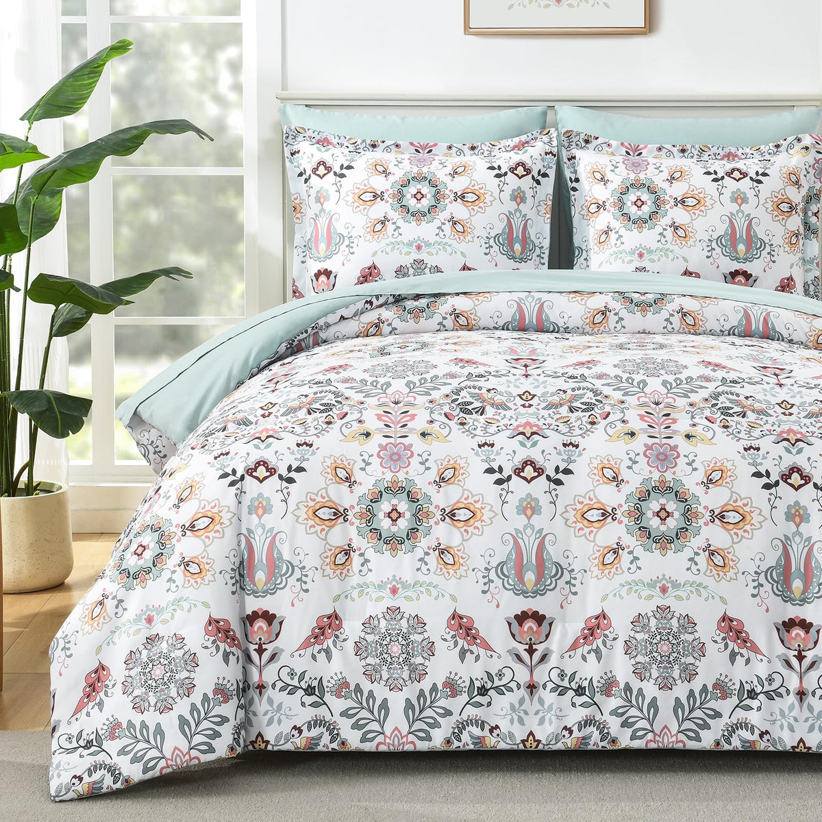 DHSFKBE Floral Comforter Set Queen Size,7 Piece Orange Bed in a Bag, Elegant Flower Pattern Comforter Set with Sheet, Soft Microfiber Complete Bedding Sets for All Season