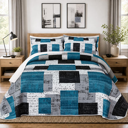 Tyrot 3 Piece Black Grey Quilt Full/Queen Size Black White Gray Bedding Set