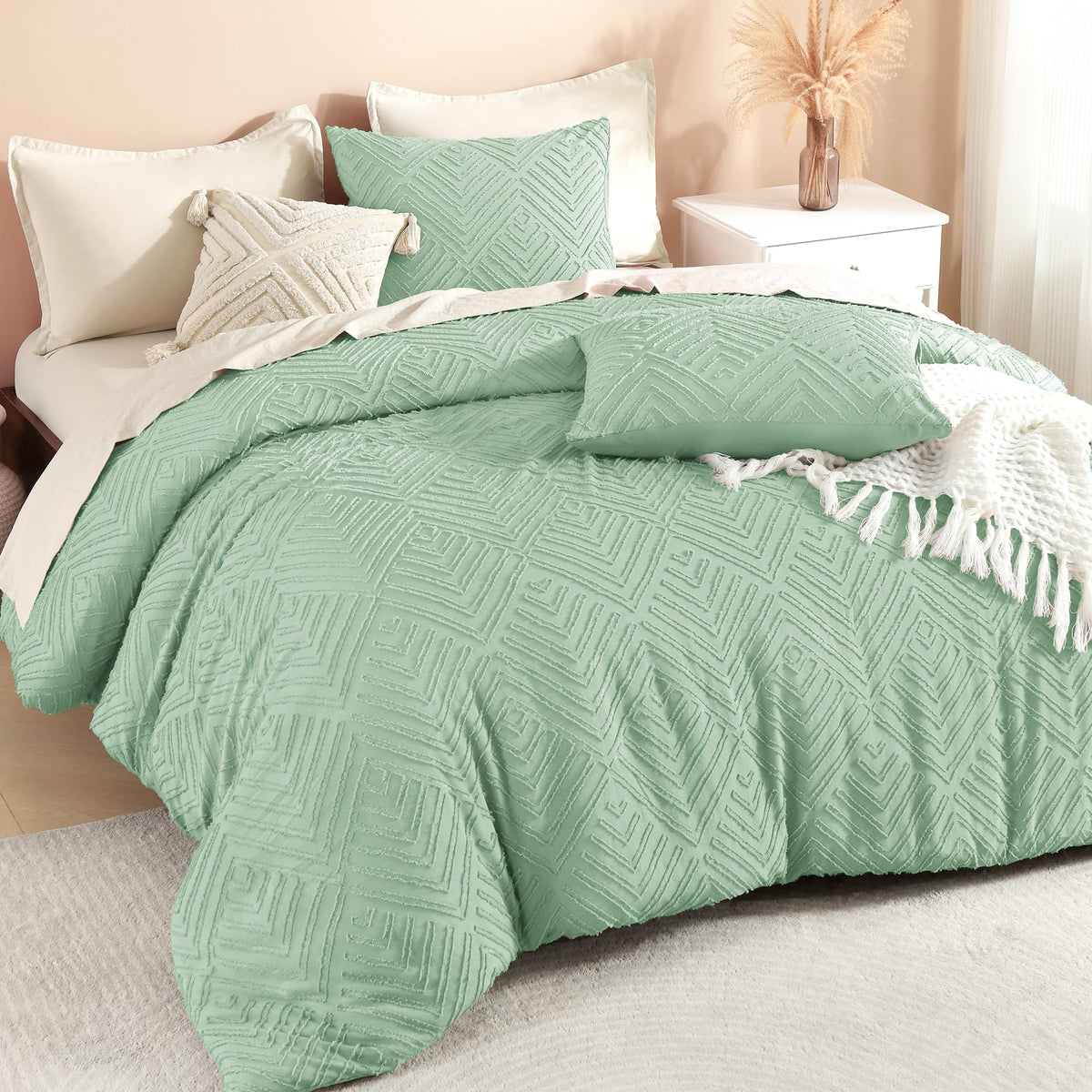 Litanika King Size Comforter Set, 3 Pieces Beige Tufted Boho Bedding Set