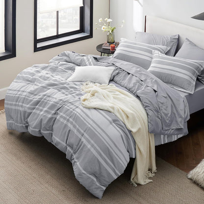 Bedsure Full Comforter Set 7 Pc, Grey Striped, Reversible, All-Season