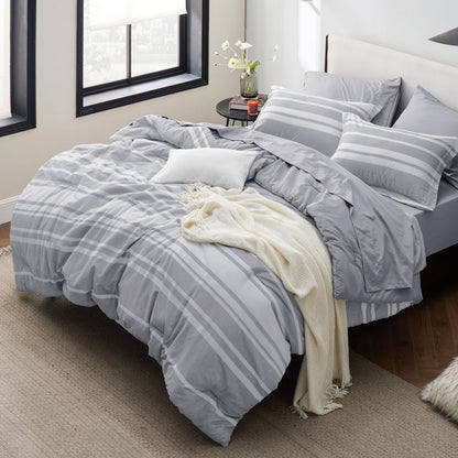 Bedsure Full Comforter Set 7 Pc, Grey Striped, Reversible, All-Season