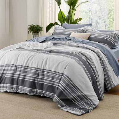 Bedsure Full Comforter Set 7 Pc, Grey Striped, Reversible, All-Season