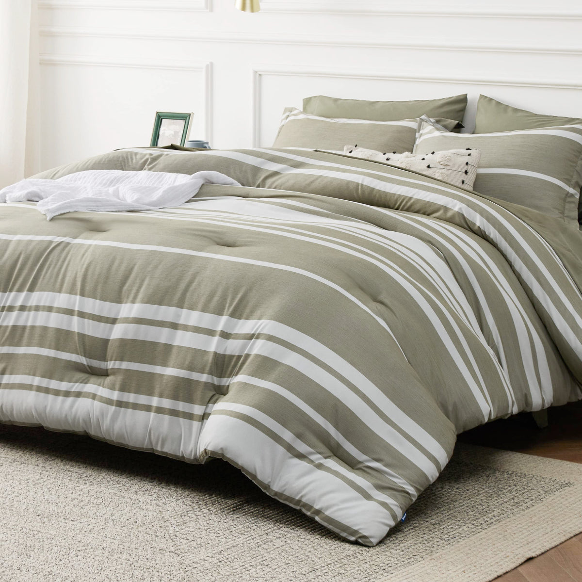 Bedsure Full Comforter Set 7 Pc, Grey Striped, Reversible, All-Season