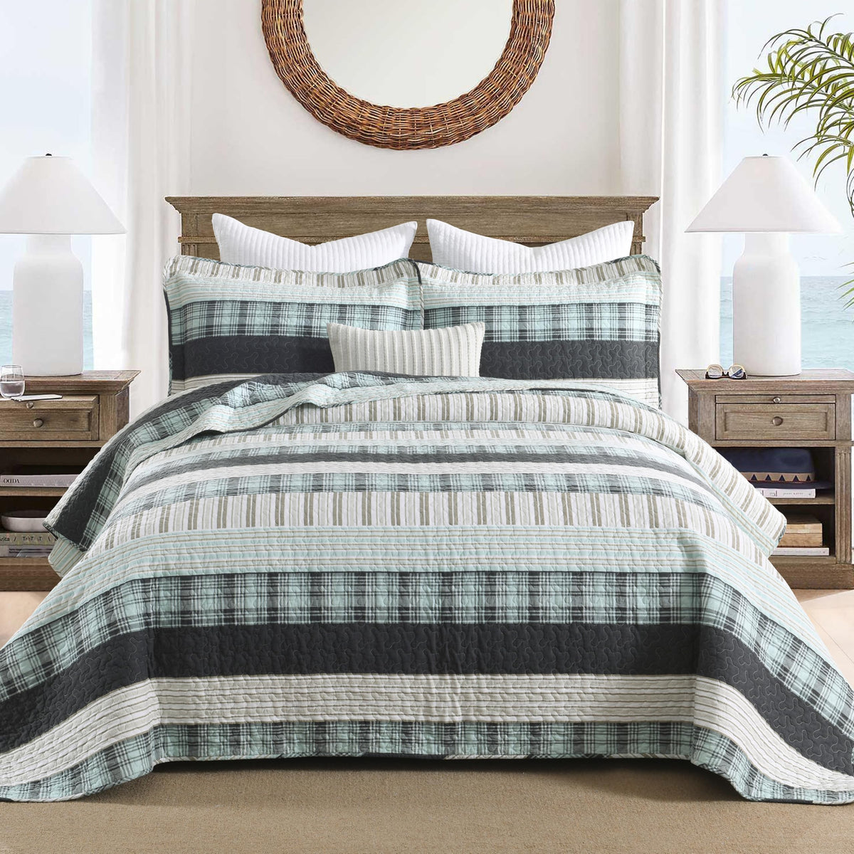 Homzard 100% Cotton Quilt Bedding Set Queen Size Striped Floral Bedspread