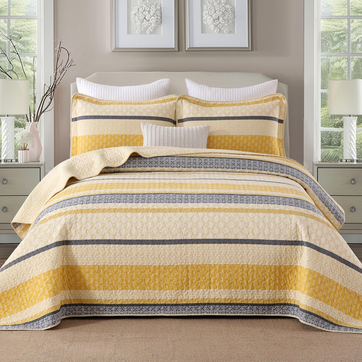 Homzard 100% Cotton Quilt Bedding Set Queen Size Striped Floral Bedspread