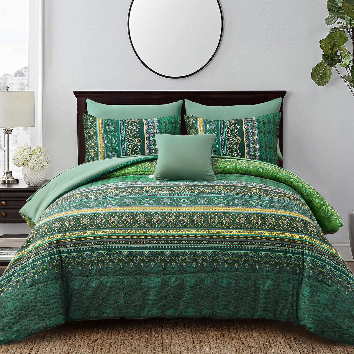 Cottolester Boho Comforter Set Queen Size 8 Piece Bed in a Bag Bohemian Striped Bedding Quilt Set Aqua Paisley Floral Comforter and Sheet Set,Soft Microfiber Complete Bedding Sets for All Season
