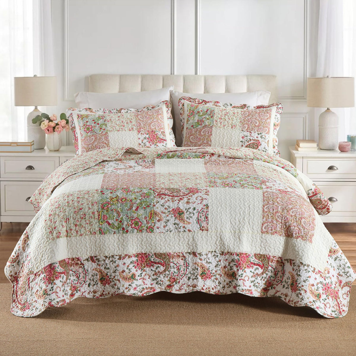 Secgo Queen Comforter Set for Bed - 100% Cotton Quilts Queen Size, Green, Sage Bedspreads (90 * 98 Inch) with 2 Pillow Shams, Patchwork Reversible Lightweight Bedding
