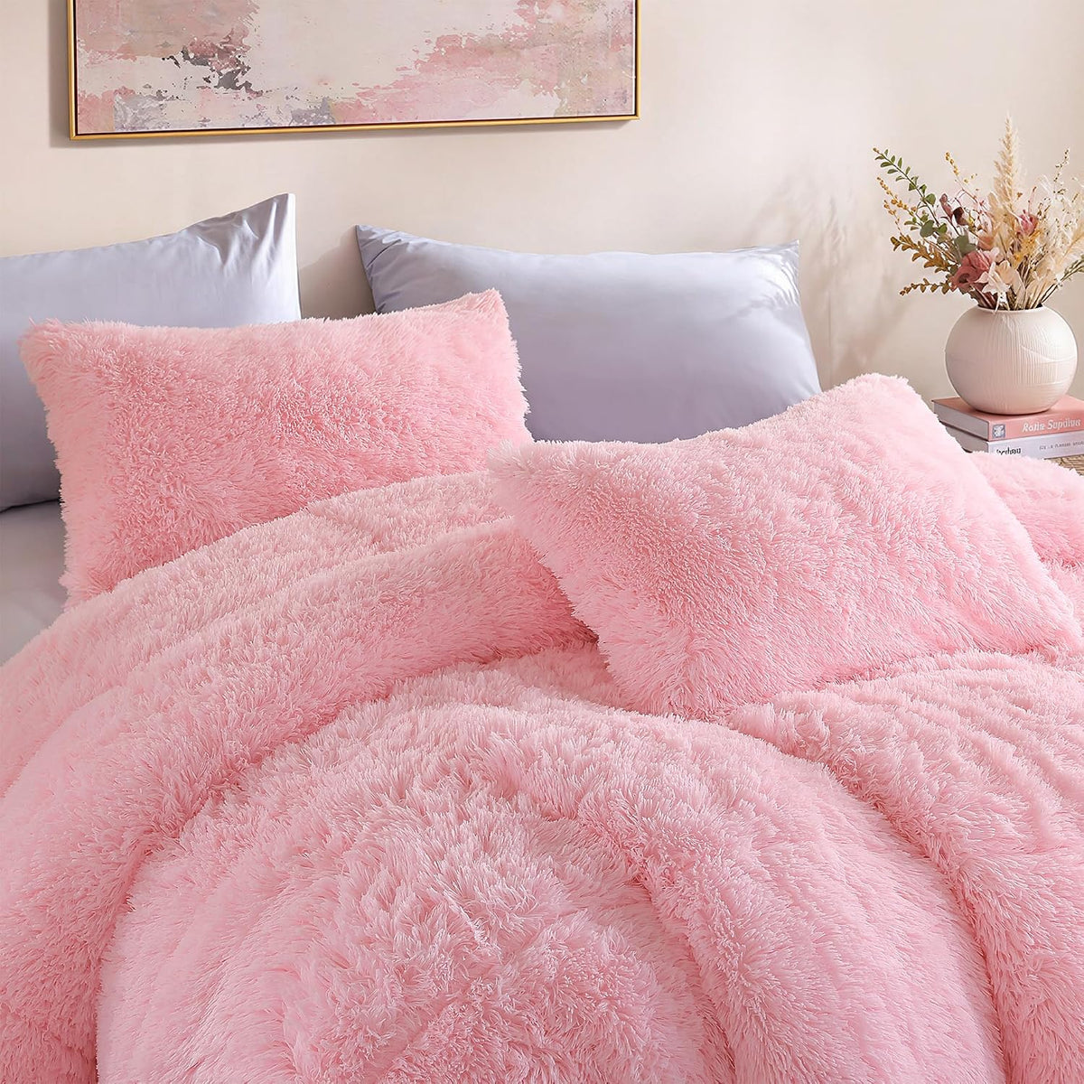 Smoofy Fluffy Queen Comforter Set, Faux Fur Pink Comforter Set 3 Pcs