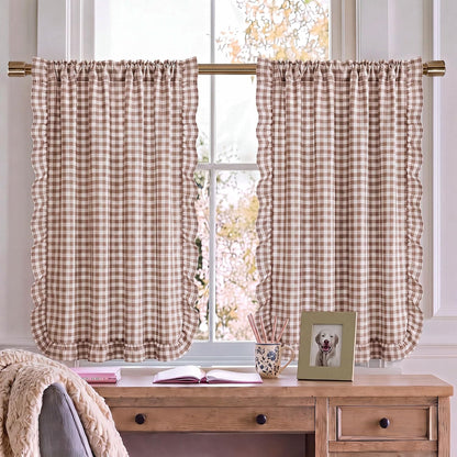 Brown White Gingham Kitchen Curtains 36" Buffalo Plaid Ruffle Cafe Curtains