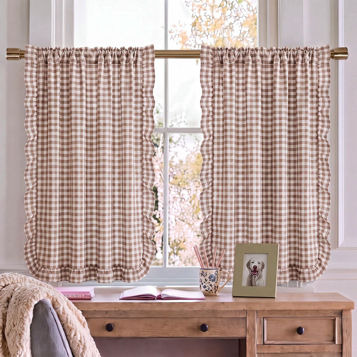 Brown White Gingham Kitchen Curtains 36" Buffalo Plaid Ruffle Cafe Curtains
