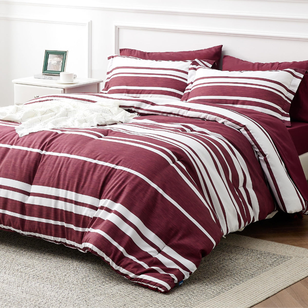 Bedsure Full Comforter Set 7 Pc, Grey Striped, Reversible, All-Season