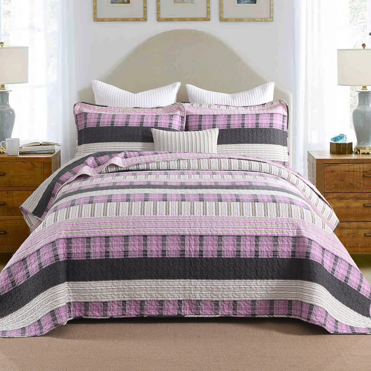 Homzard 100% Cotton Quilt Bedding Set Queen Size Striped Floral Bedspread