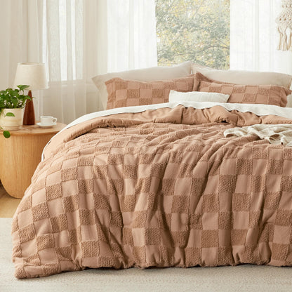 Bedsure Comforters Queen Set Boho, Vintage Plaid Bedding Set Beige 3 Pcs