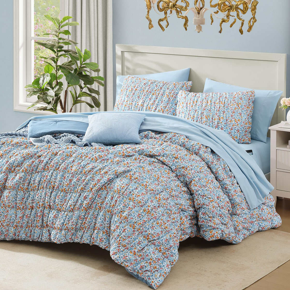 Full Size Comforter Sets - 3 Pieces Blue Ruched Floral Full Bedding Set