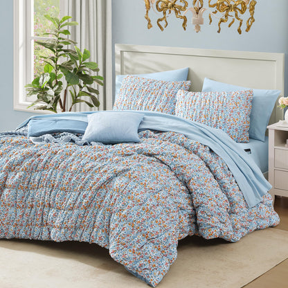 Full Size Comforter Sets - 3 Pieces Blue Ruched Floral Full Bedding Set