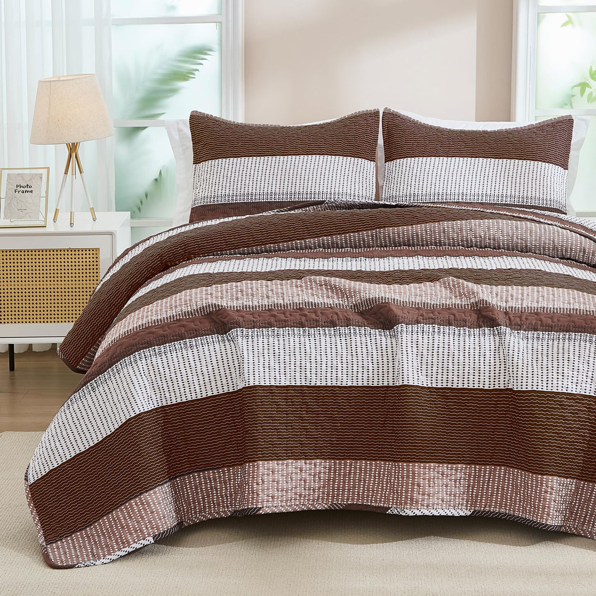 Andency Queen Quilt Bedding Set Sage Green, 3 Pieces Striped Bedspreads