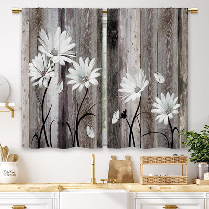 Teal Farmhouse Daisy Kitchen Curtains Wooden Flower Small Short Cafe Window Curtains Rustic Floral Butterfly Country Bathroom Drapes Treatment Tier Curtains 2 Panels (27.5x39 Inch)