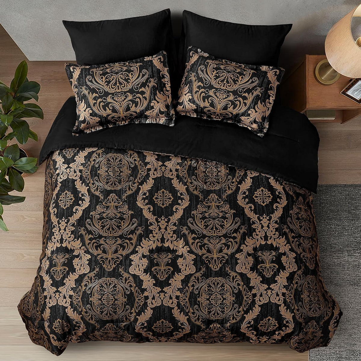 WONGS BEDDING Black Comforter Set Queen Size, Gold Damask Texture 7 Pieces Bed in a Bag Microfiber Comforter Bedding Sets -1 Comforter, 1 Flat Sheet, 1 Fitted Sheet, 2 Pillow Shams, 2 Pillowcases