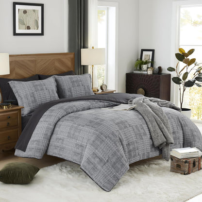 MaiRêve Queen Comforter Set Crinkle Textured Charcoal Grey Bedding 7 Pieces