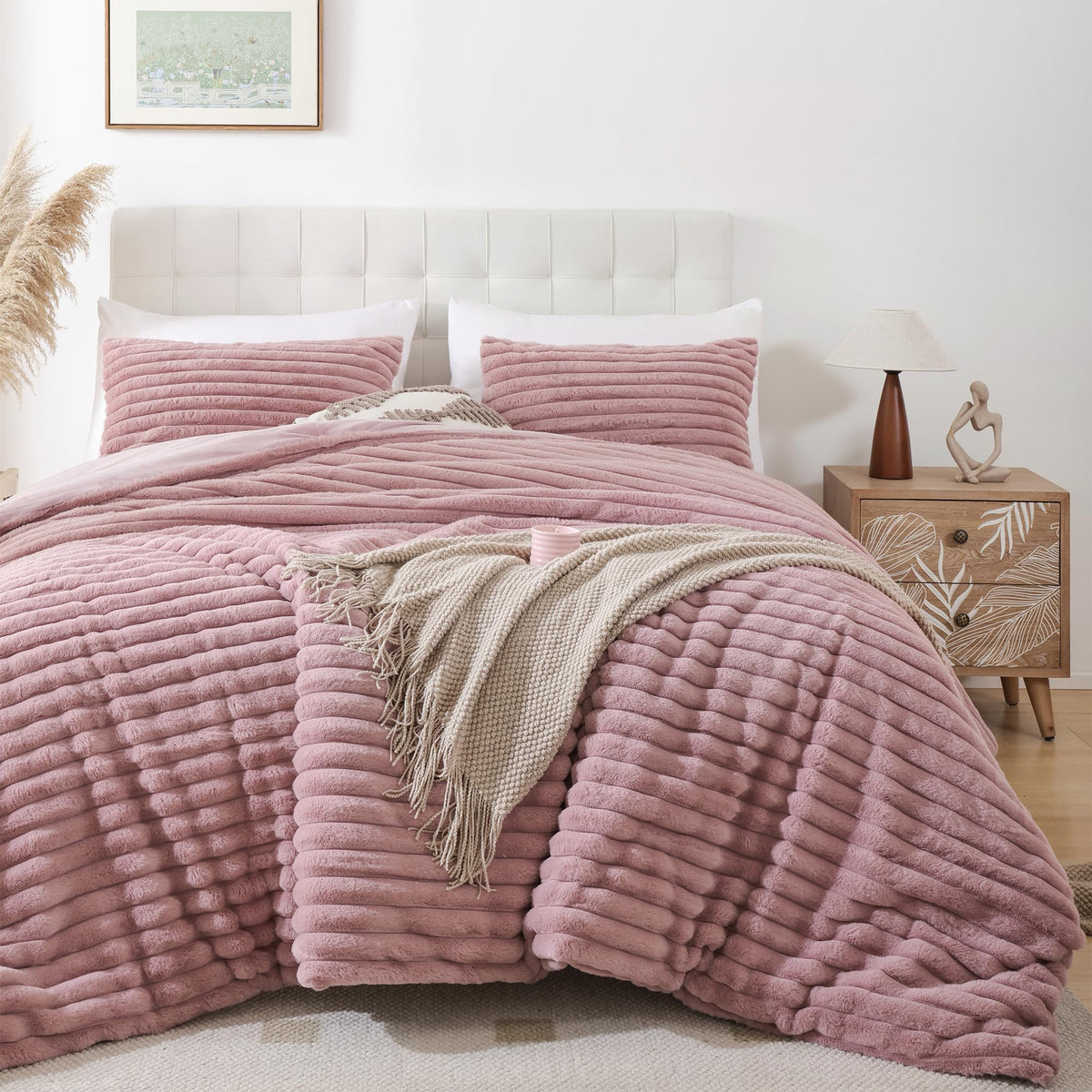 Smoofy Fluffy Queen Size Comforter 3 PCS - Pink Fleece Bedding Set