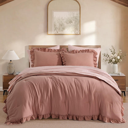 BLOOMHAVEN Queen Comforter Set-7 Pieces Ruffle Bedding with Floral Sheet