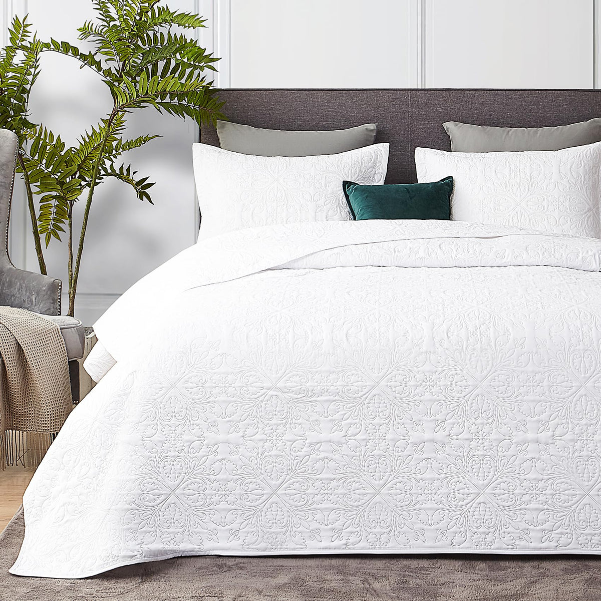 Hansleep Queen Quilt White Quilts Queen Size 3 Pieces (1 Quilt, 2 Shams)