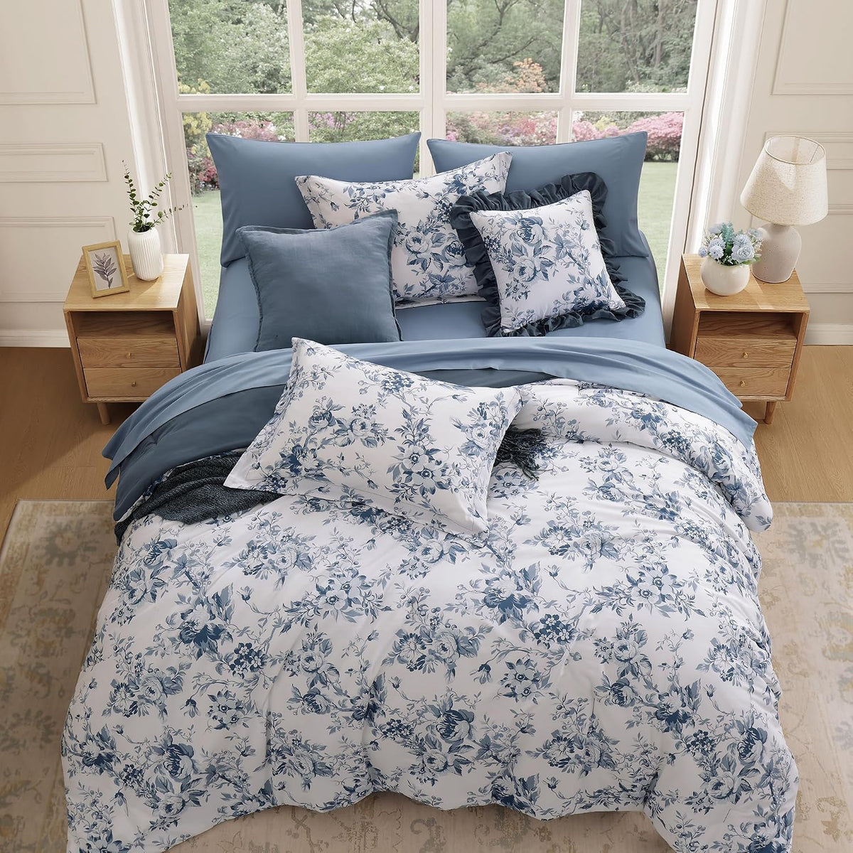 BLOOMHAVEN Queen Comforter Set-7 Pieces Blue Floral Bed in a Bag Queen