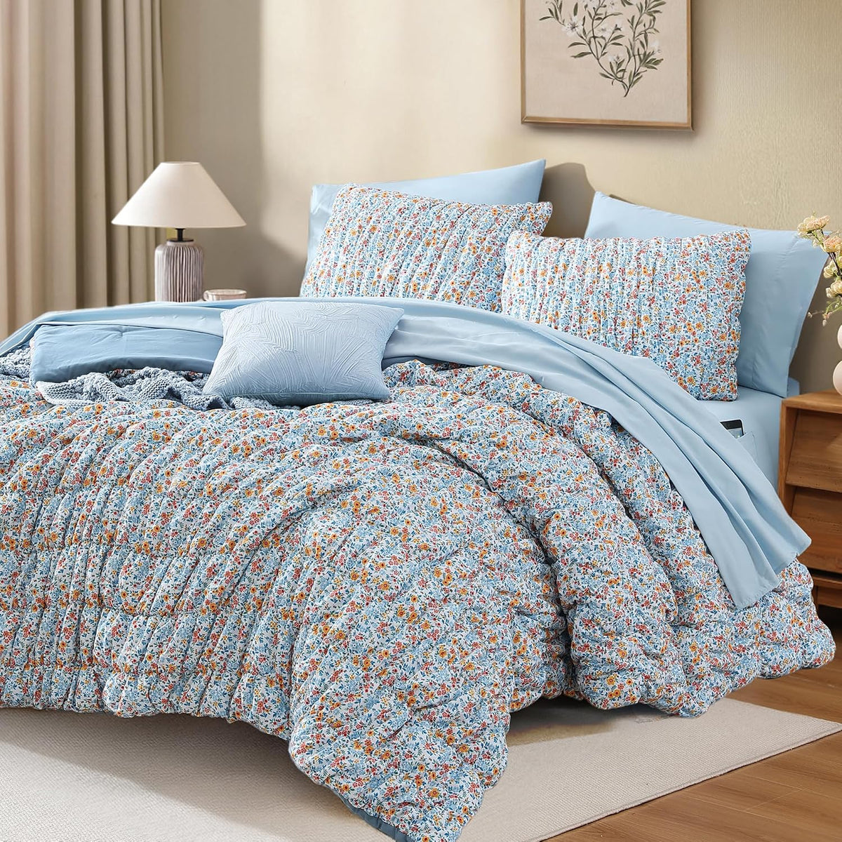 Full Size Comforter Sets - 3 Pieces Blue Ruched Floral Full Bedding Set