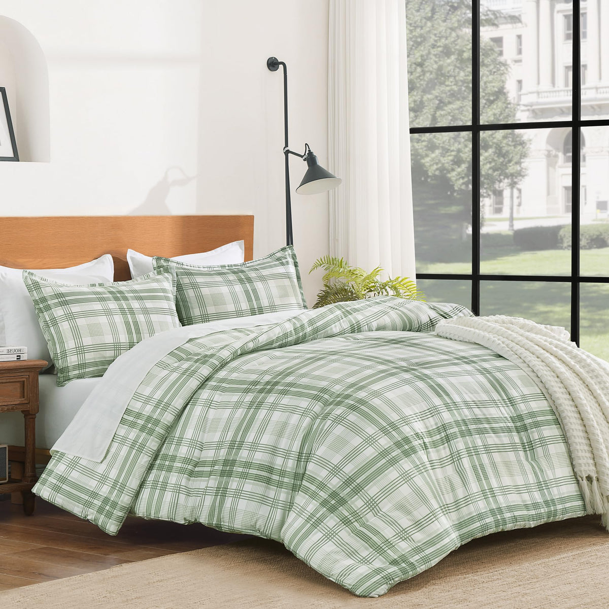Andency Tan Gingham Comforter Set Twin, Brown Checkered Grid Plaid Bedding