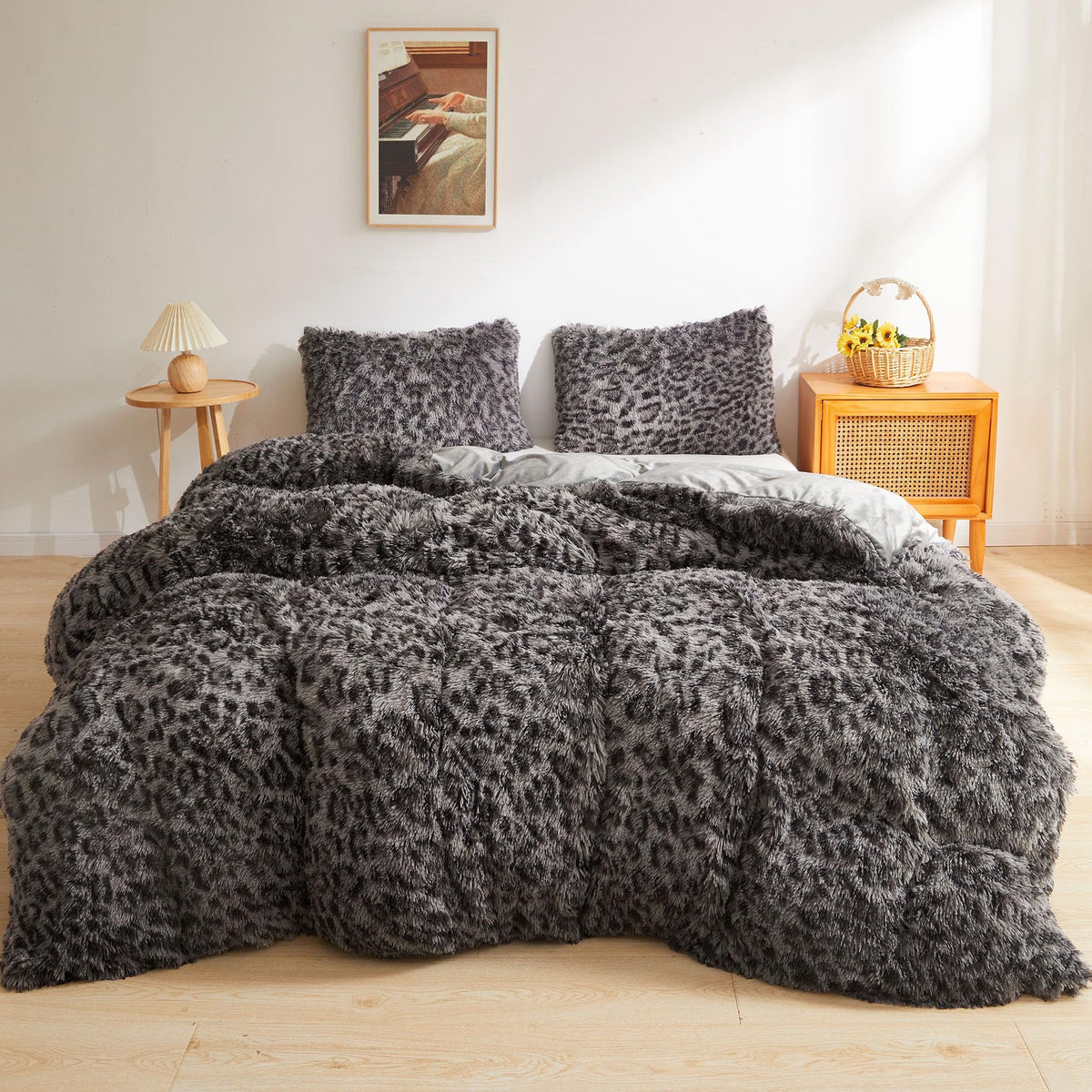 XeGe Cheetah Print Fluffy Faux Fur Duvet Cover Set, Queen, Leopard Brown