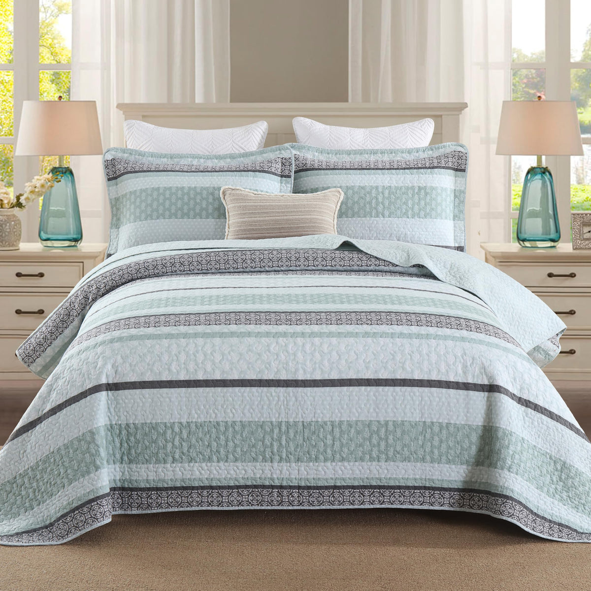 Homzard 100% Cotton Quilt Bedding Set Queen Size Striped Floral Bedspread
