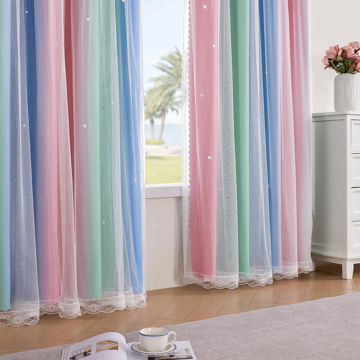 XiDi Curtains for Girls Bedroom Decor, Rainbow Blackout Curtains for Kids/Little Girl Room Decor, Unicorn Wall Decals,Pink Purple Green,63 x 34 inches,1 Panel