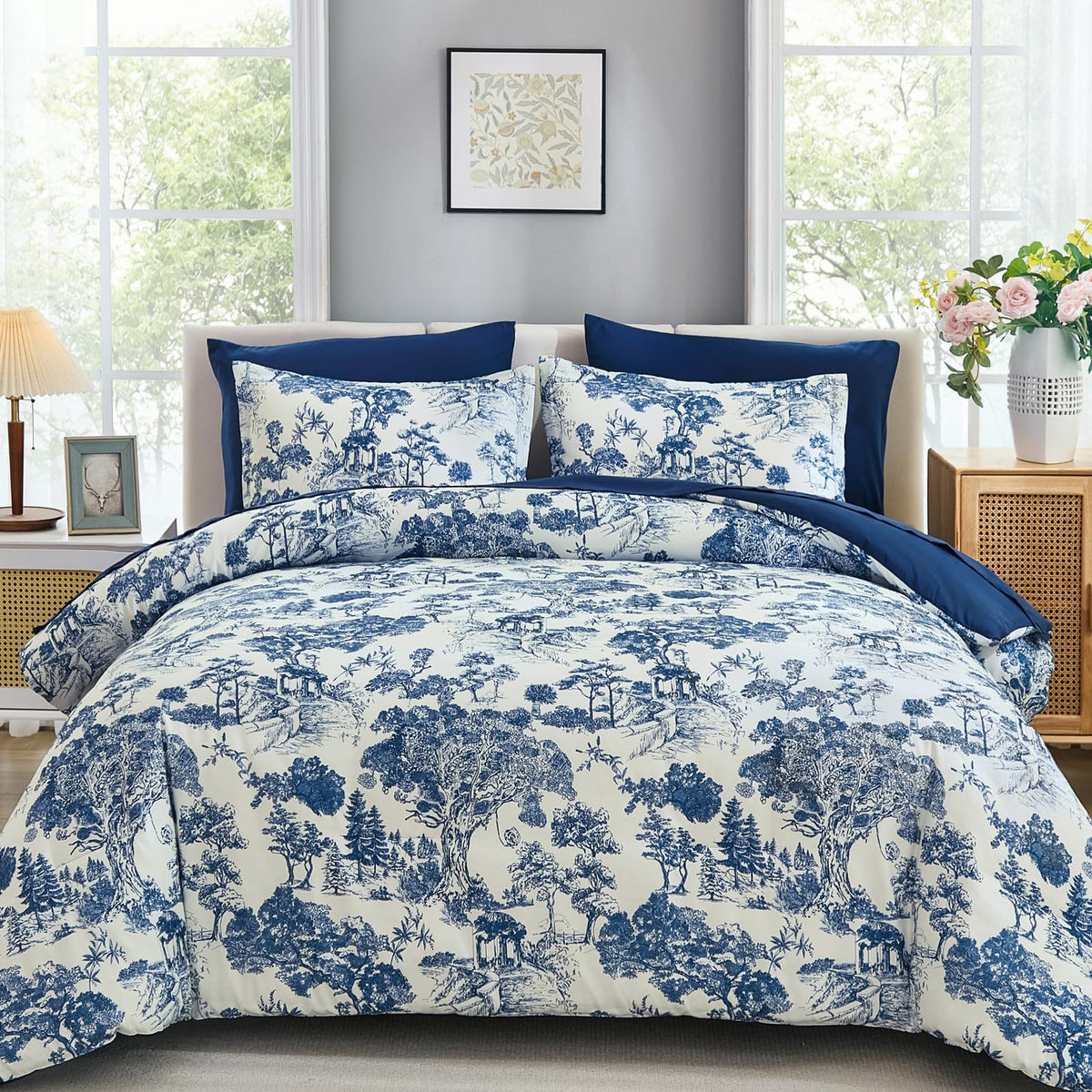 DJY Blue Comforter Set King, 7 Pieces Bed in a Bag King Size Botanical Comforters with Sheets Elegant Plants Print Soft Microfiber Reversible Complete Bedding Sets for All Season