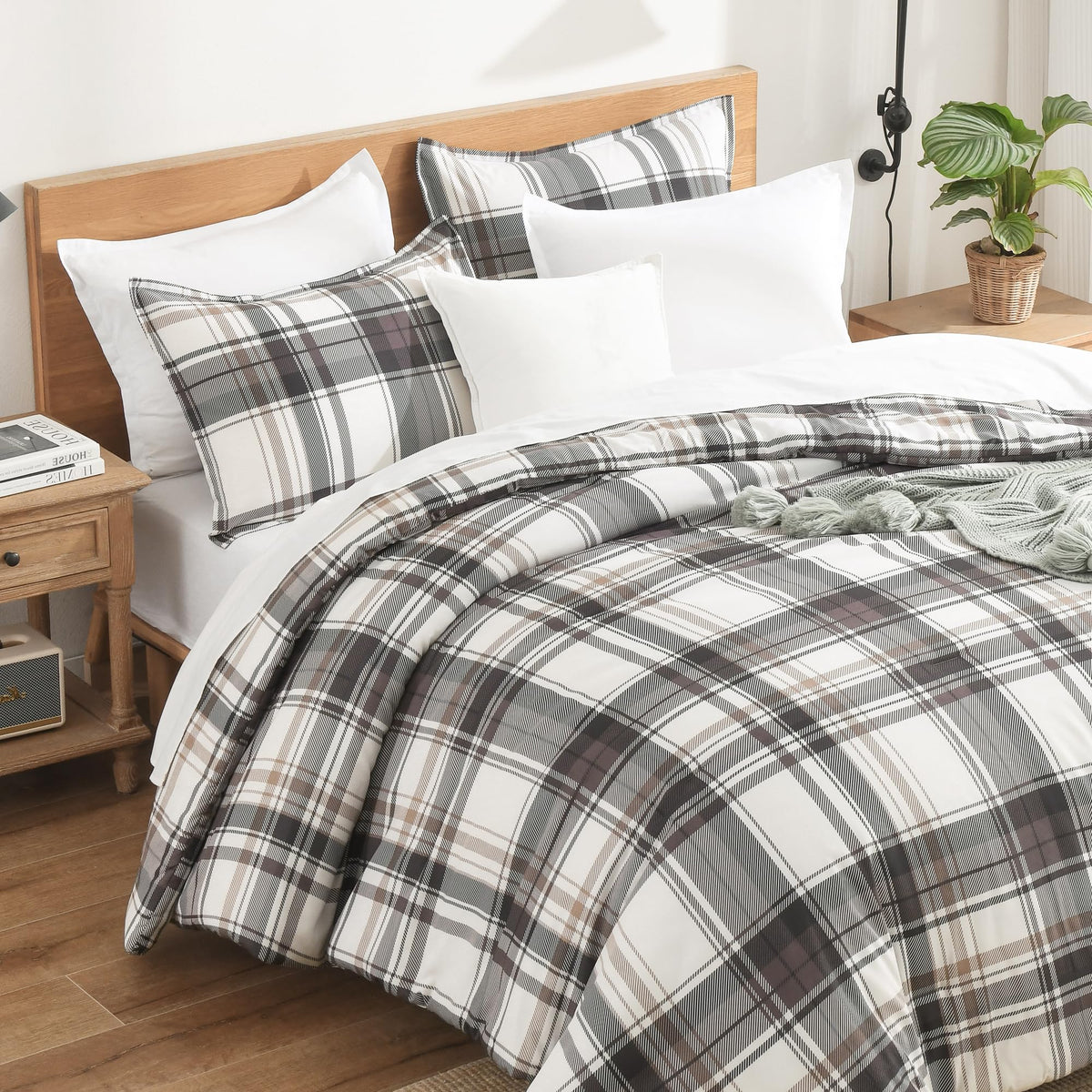 Andency Tan Gingham Comforter Set Twin, Brown Checkered Grid Plaid Bedding
