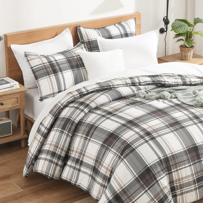 Andency Tan Gingham Comforter Set Twin, Brown Checkered Grid Plaid Bedding