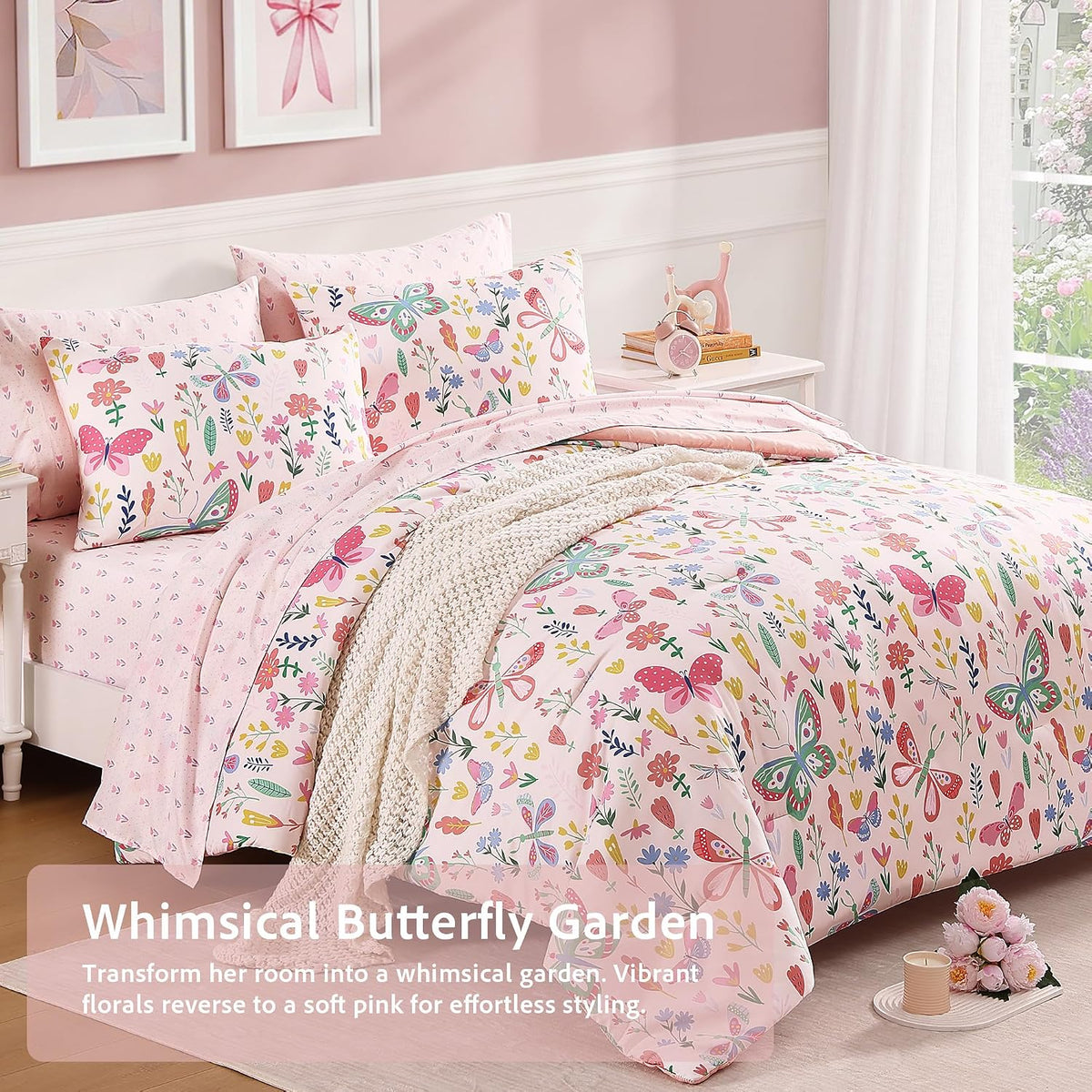 Twin Comforter Set for Girls - 5 Pieces Floral Pink Girls Twin Bedding Set