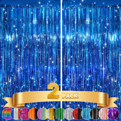 GCB 2Pack Black Metallic Tinsel Foil Fringe Curtain, Black Curtain Backdrop