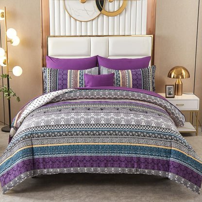 Cottolester Boho Comforter Set Queen Size 8 Piece Bed in a Bag Bohemian Striped Bedding Quilt Set Aqua Paisley Floral Comforter and Sheet Set,Soft Microfiber Complete Bedding Sets for All Season