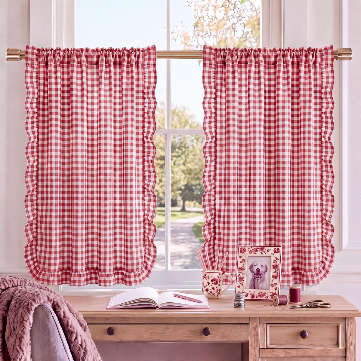 Brown White Gingham Kitchen Curtains 36" Buffalo Plaid Ruffle Cafe Curtains