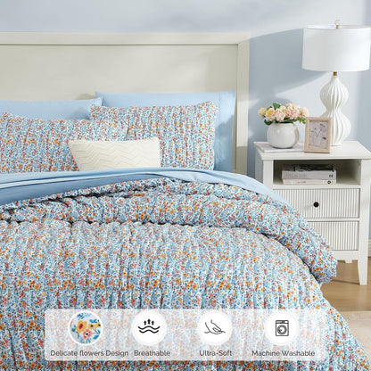 Full Size Comforter Sets - 3 Pieces Blue Ruched Floral Full Bedding Set