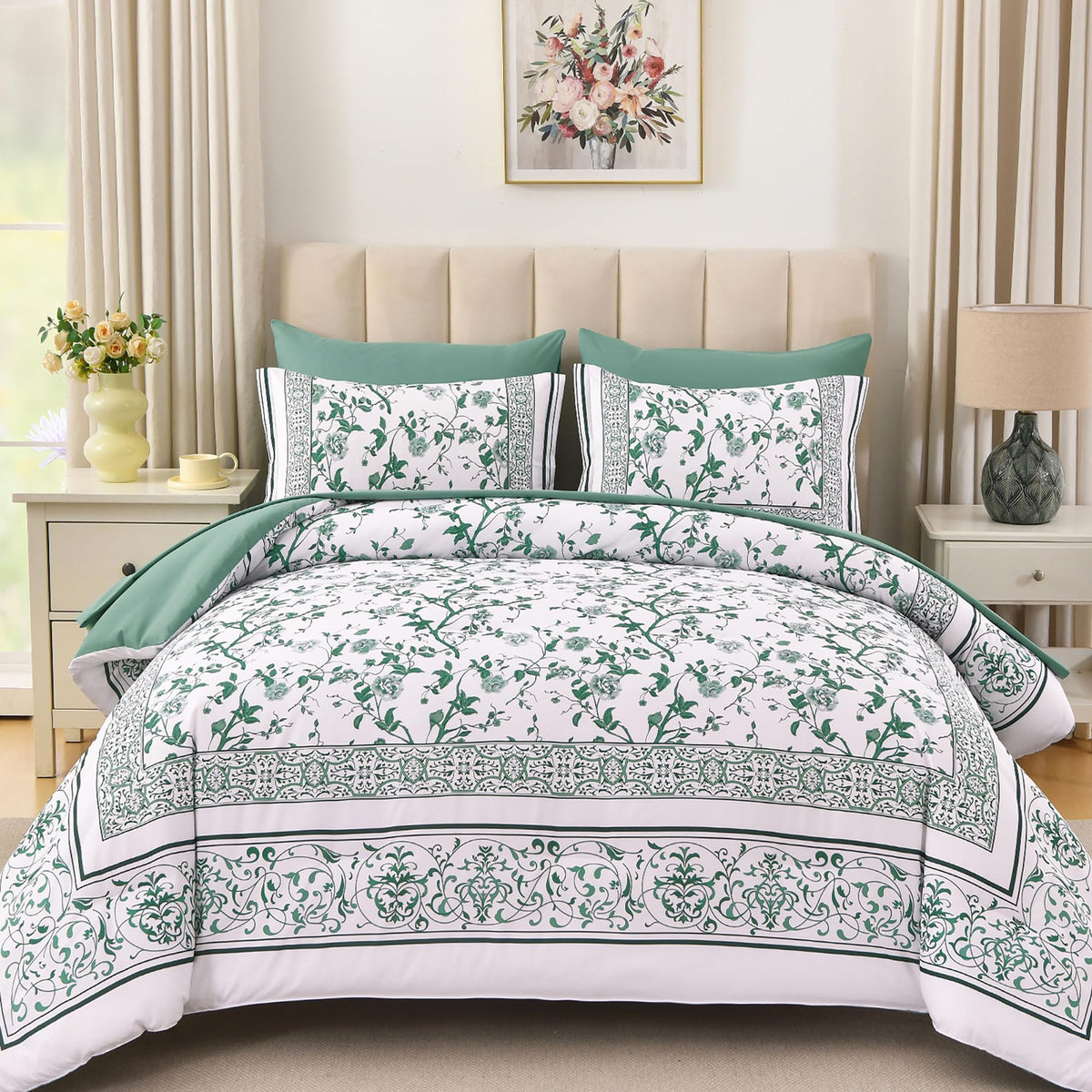 Dobuyly Floral Queen Comforter Set, 7 Piece Bed in a Bag Queen Size Blue Flowers on White Botanical Bedding Set, Soft Microfiber Bedding Comforter Sets with Sheets for All Season