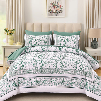 Dobuyly Floral Queen Comforter Set, 7 Piece Bed in a Bag Queen Size Blue Flowers on White Botanical Bedding Set, Soft Microfiber Bedding Comforter Sets with Sheets for All Season