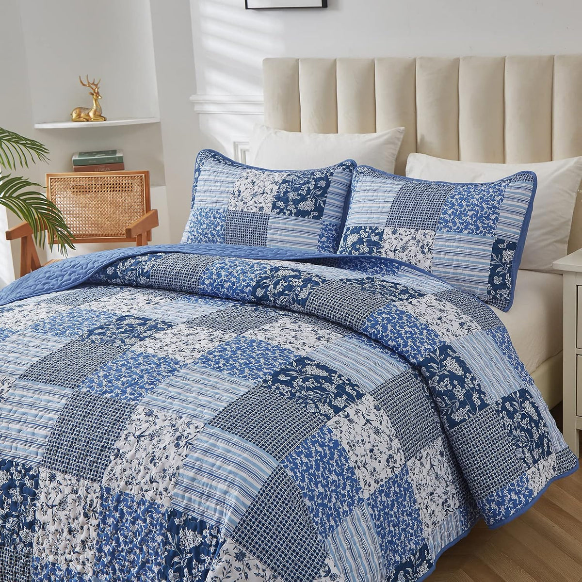 Mybedsoul Boho Quilts Queen Size, Patchwork Floral Bedding Set, Blue