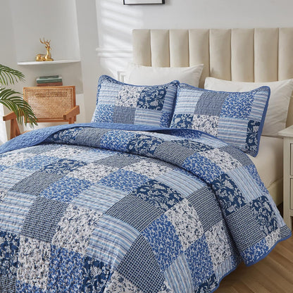 Mybedsoul Boho Quilts Queen Size, Patchwork Floral Bedding Set, Blue