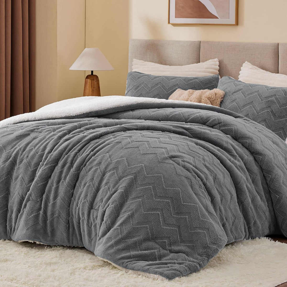BEDELITE Fluffy Sherpa Queen Comforter Set,Grey