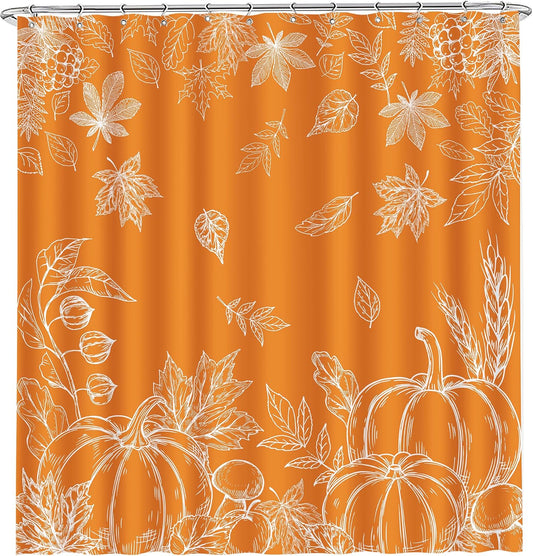 Fall Leaves Shower Curtain, Pumpkins Curtain for Bathroom, Happy Fall Yall Orange Autumn Waterproof Bath Curtains with Hooks for Decorations, 71x71 Inches